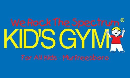 We Rock The Spectrum Kid's Gym logo with a cartoon child wearing headphones on a blue background.